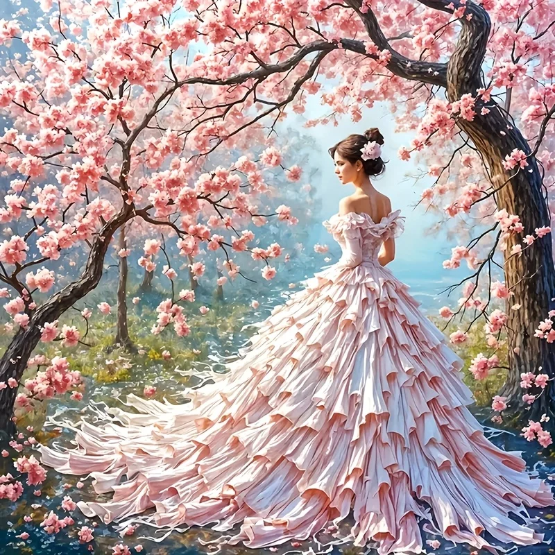 Kit de peinture diamant 5D sans cadre, 1 pièce-50x50cm / 19.7x19.7 pouces, femme élégante en robe de fleur de cerisier, diamètre pour débutant adulte