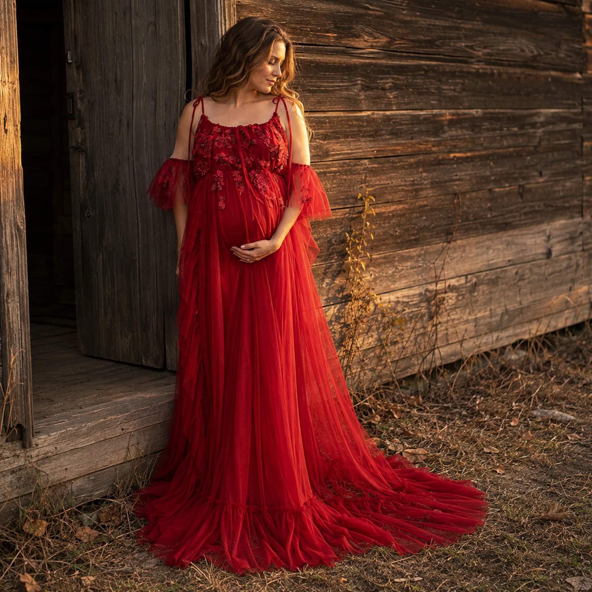 Don&Judy Off-Shoulder Gown with Voluminous Feather Trim Bodice and Glittering Puff Sleeves for Maternity Photography Props