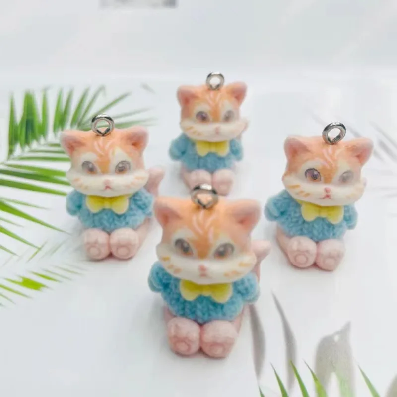 10Pcs 3D Cute Fox Flocked Charms Cartoon Cat Resin Ornament Pendant Earring Keychain Accessories for DIY Crafts Jewelry Make