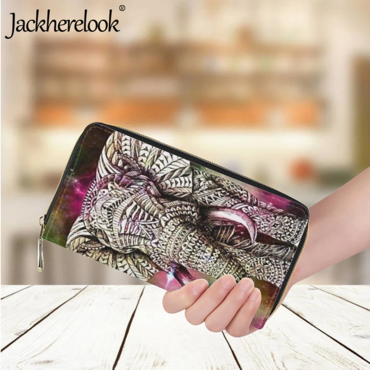 

Jackherelook Fashion Luxury Brand Ladies Long Wallet Polynesian Style Elephant Print Design Bank Card Holder Purse for Women