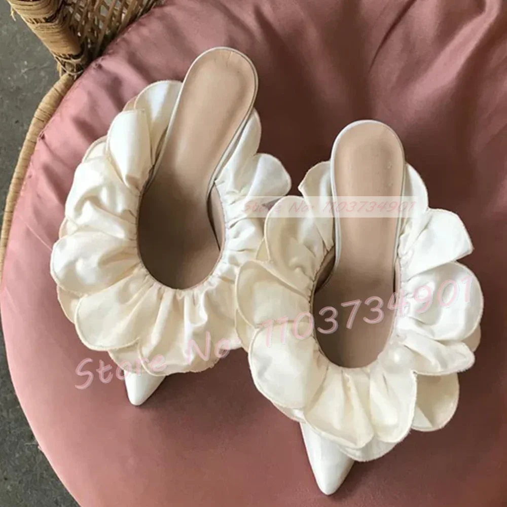 

White Flower Satin Pointed Toe Slides Women Casual Leopard High Heels Shoes Female Elegant Lace Concise Solid Big Size Slippers
