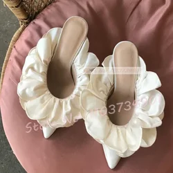 White Flower Satin Pointed Toe Slides Women Casual Leopard High Heels Shoes Female Elegant Lace Concise Solid Big Size Slippers