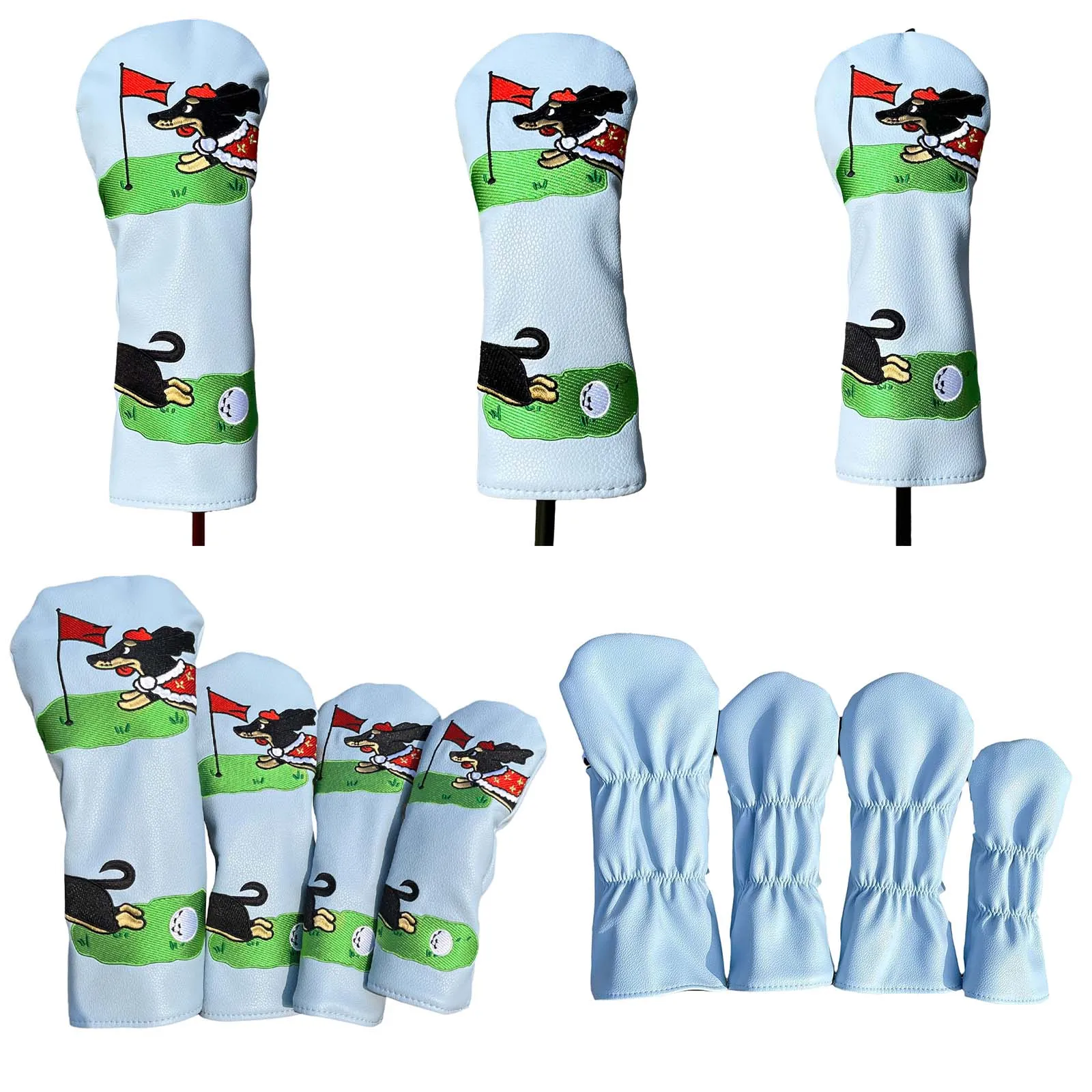 Golf Club Head Cover Dog Embroidery Color Block Elastic Back PU Leather Protective Headcover