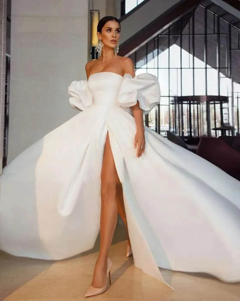 

2024 White Satin Sexy Wedding Dresses Puff Sleeve Split Side Bride Dress Strapless A Line Wedding Gowns Women Couture Mariage