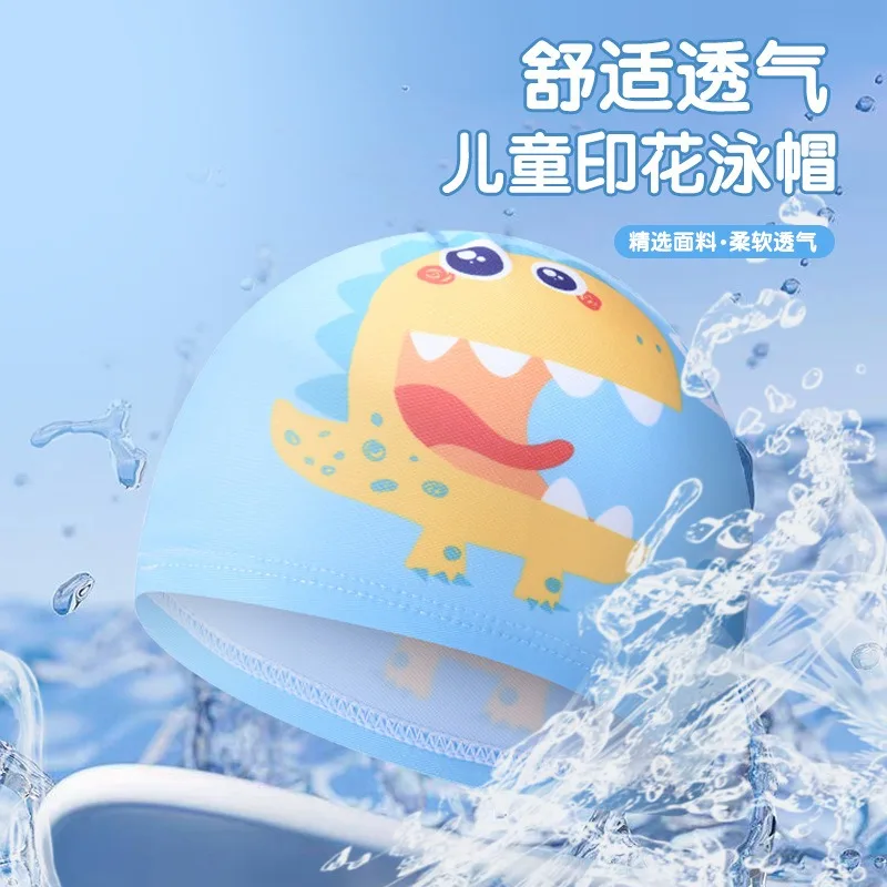Simpatico cappello da bagno per bambini con stampa di dinosauri, morbido e confortevole, in tessuto, con protezione per le orecchie, accessori per abbigliamento sportivo
