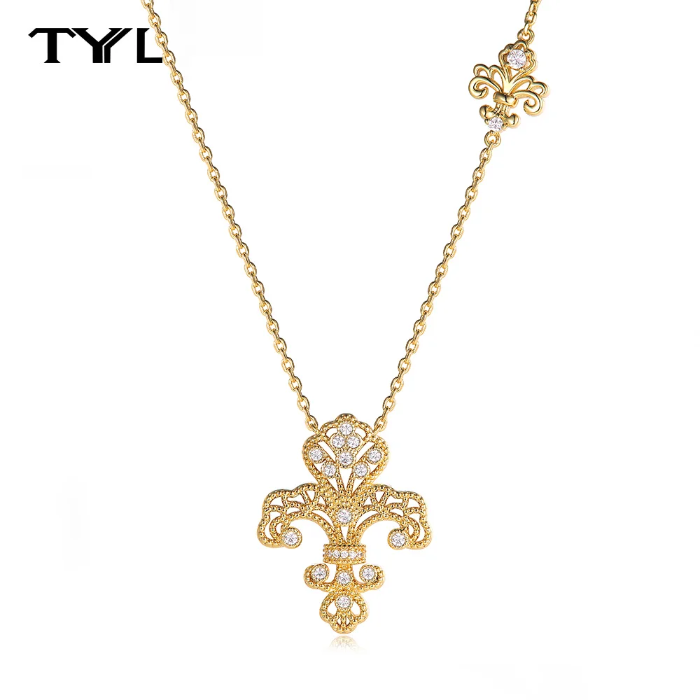 TYYL Sparkling Round Zircon Fleur De Lis Pendant For Women CZ Necklace Fashion Gold Iris Anniversary Birthday Jewelry Gifts Girl