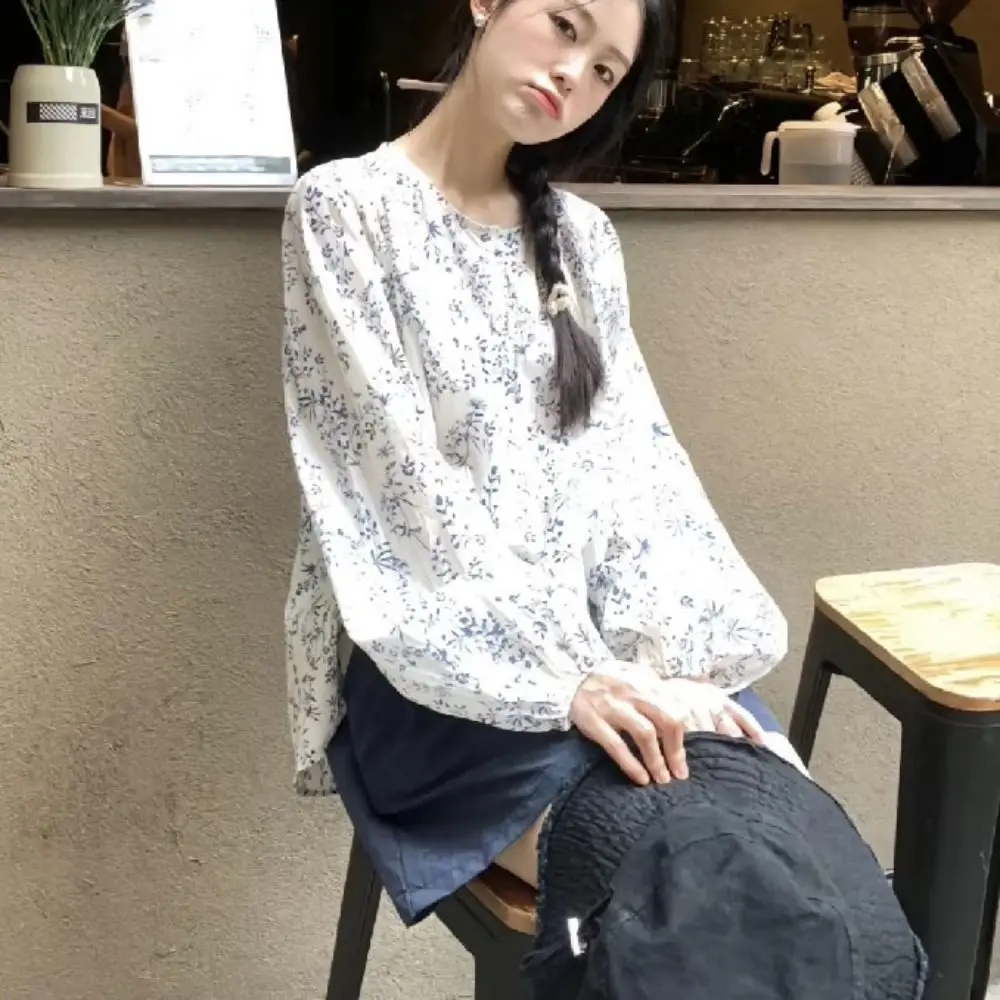 

Leisure Sweet Puff Sleeve Blouse Ins Loose Flower Shirt Top Casual Retro Floral Blouse Girl
