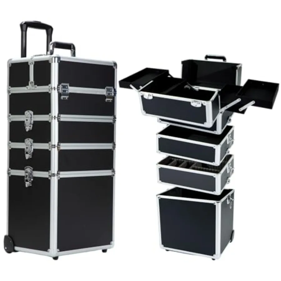 

Makeup Rolling Train Case - Professional Cosmetics Organizer with Aluminum Frame Folding Trays Wheels Portable for Travel Studi