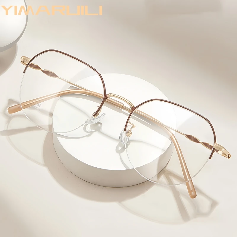

YIMARUILI Fashion Simple Women's Half-frame Glasses Retro Trend High-quality Alloy Optical Prescription Eyeglasses Frame 6389