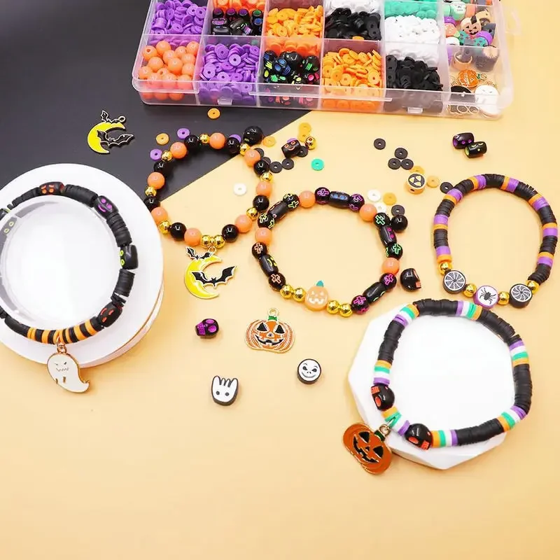 

Halloween Clay Beads Kit Friendship Bracelet Making Kit with Charms and Gold Spacer Beads for Jewelry Making DIY Halloween Gift