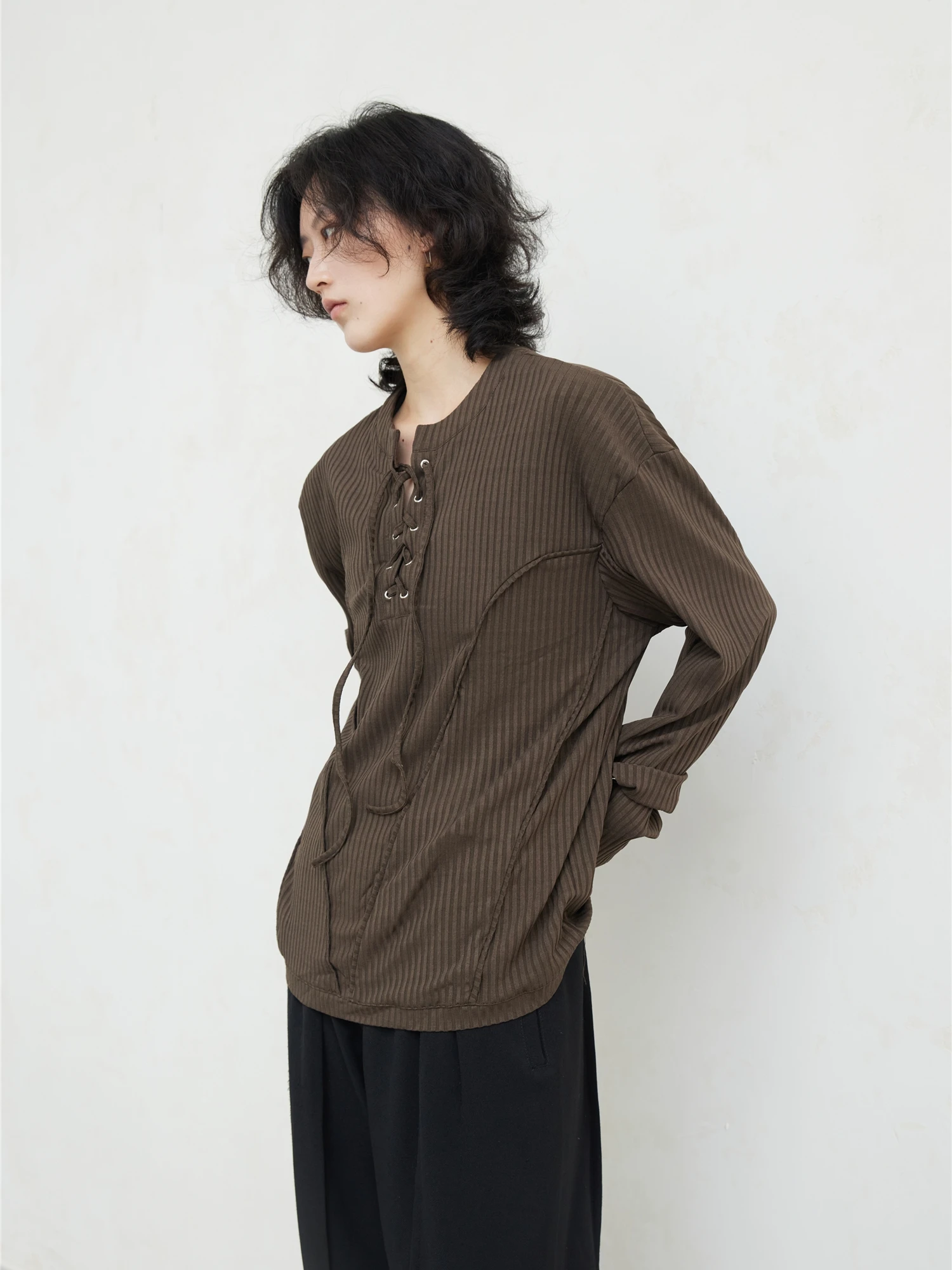 Sunvonnie23Fw Casual Design Versatile Long Sleeve T-Shirt Simple Belted Base Shirt Top Cotton Autumn round Neck Regular Length