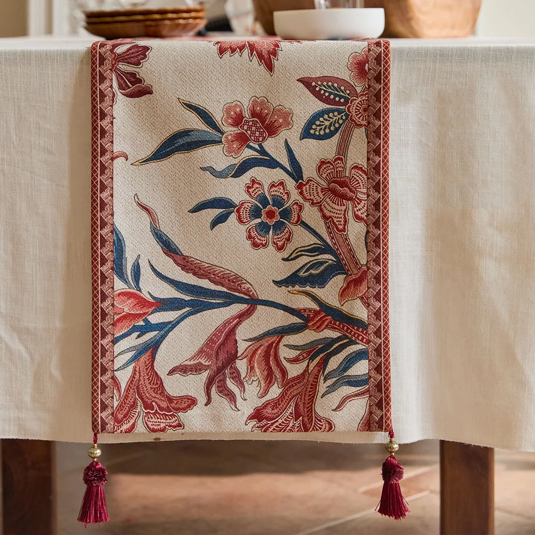 British Retro Style Chenille Table Runner Cabinet Tassel Floral Pattern Table Decoration And Accessories Restaurant Living Room
