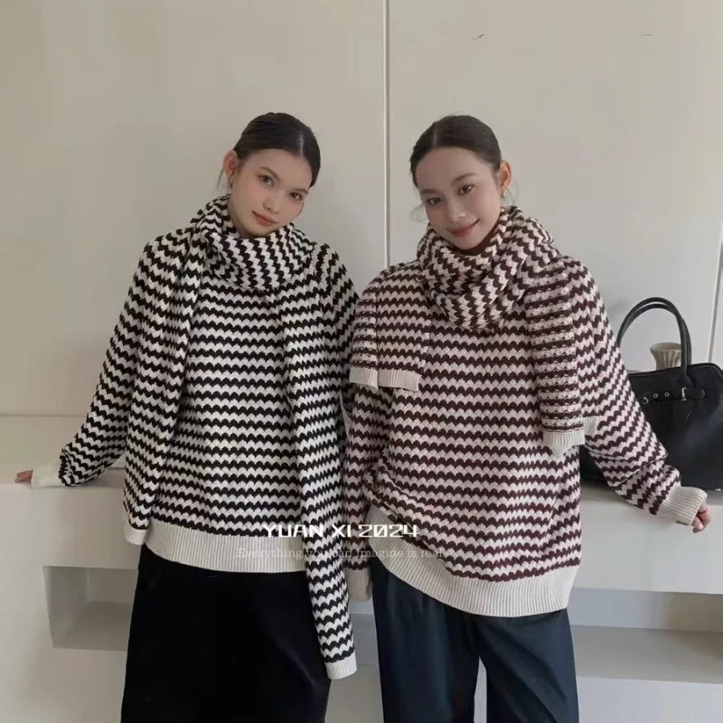 

MiiiiX Loose Casual Striped Knitted Sweater Women's Pullover 2024 Autumn New Design Simple Versatile Soft Knitted Top with Scarf