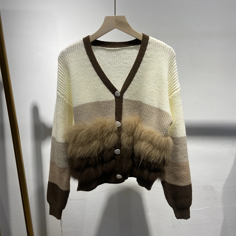 2025 mujeres piel de zorro Real decoración exterior niña otoño colorido suéter tejido abrigo de manga larga