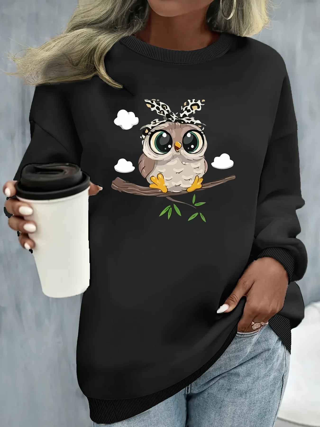 Women's Autumn and Winter Casual Loose and Comfortable Warm Cat Pattern Printed Round Neck Long Sleeved Pullover