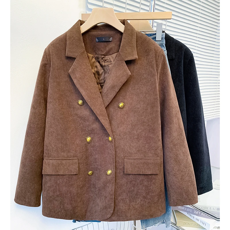 Women‘s Fall/winter Padded Cotton Short Blazer Coats Retro Casual Solid Color Corduroy Single-breasted Blazers Woman Clothing