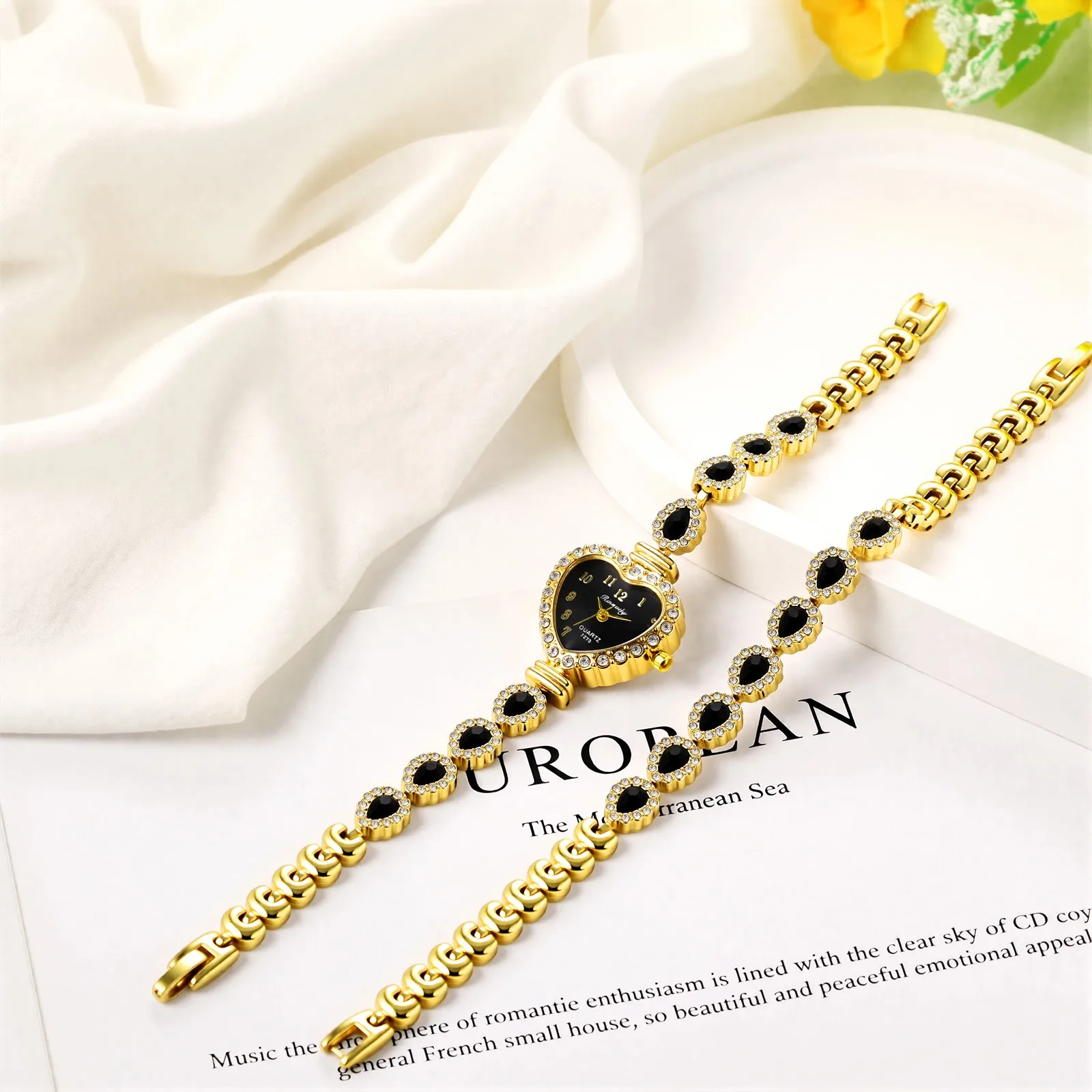 2pcs Luxury Women Heart Shaped Watch Birthstone CZ Bracelet Quartz Wristwatch Elegant Female Clock Birthday Gift Set for Her
