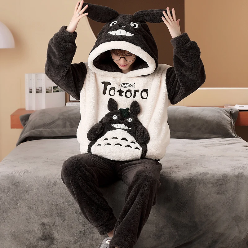 M-3XL Cute Animal Hooded Pajamas For Men\'s Winter Pajama Sets Nightwear Long Sleeve Thicken Warm Flannel Soft Sleepwear 커플잠옷 2PC