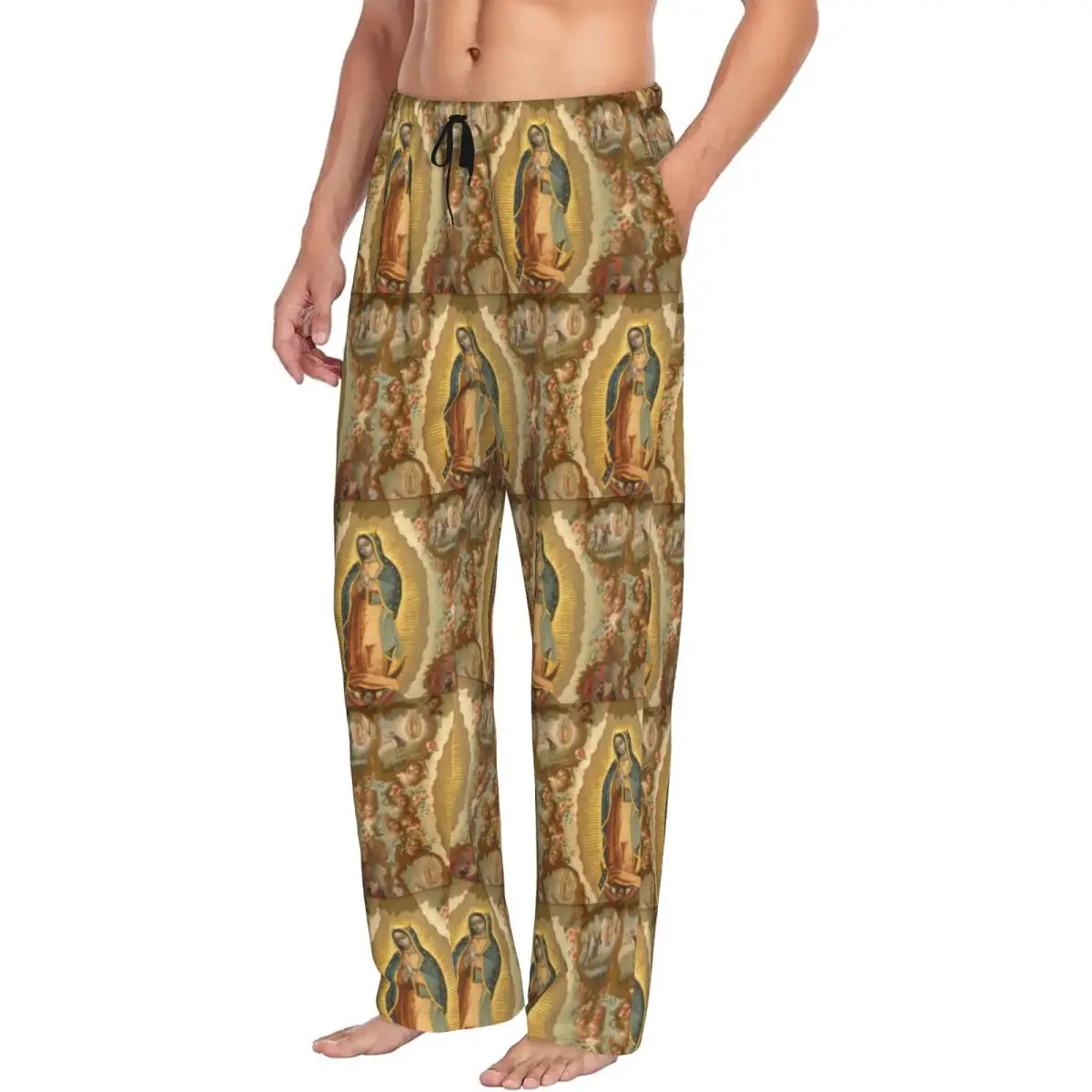 Custom Virgin Guadalupe Virgin Mary Pajama Pants Sleepwear Men's Elastic Waistband Mexico Catholic Saint Sleep Lounge Bottoms