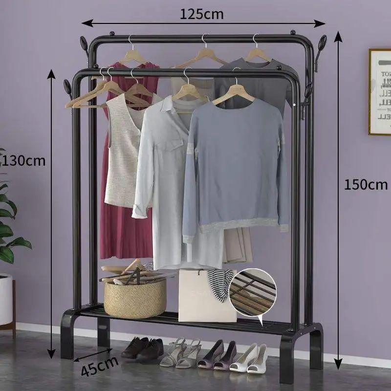 Wholesale Double Rods Coat Stands Long Clothes Rack with Hooks and Bottom Shelf Clothes Organizer for Storing Clothes, Shoes