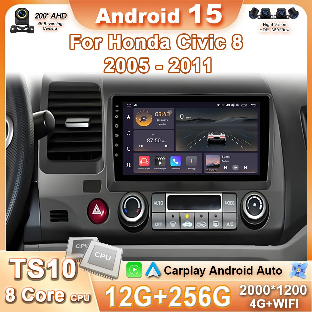 

Android 15 для Honda Civic 8th 8gen 2005 2006 2007 2008 2009 2010 2011 авторадио стерео GPS навигация мультимедийный плеер 4G BT