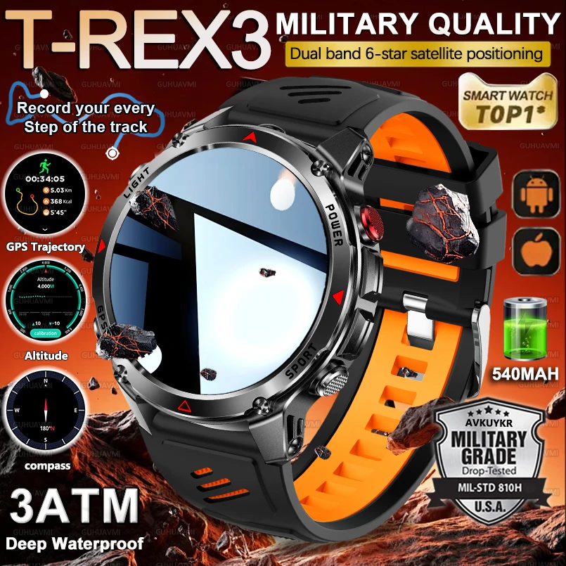 

Новинка 2025 года, военные умные часы T-Rex 3, мужские GPS-трекеры, компас, спортивный трекер, анти-падающий экран, водонепроницаемый HD-браслет для вызова