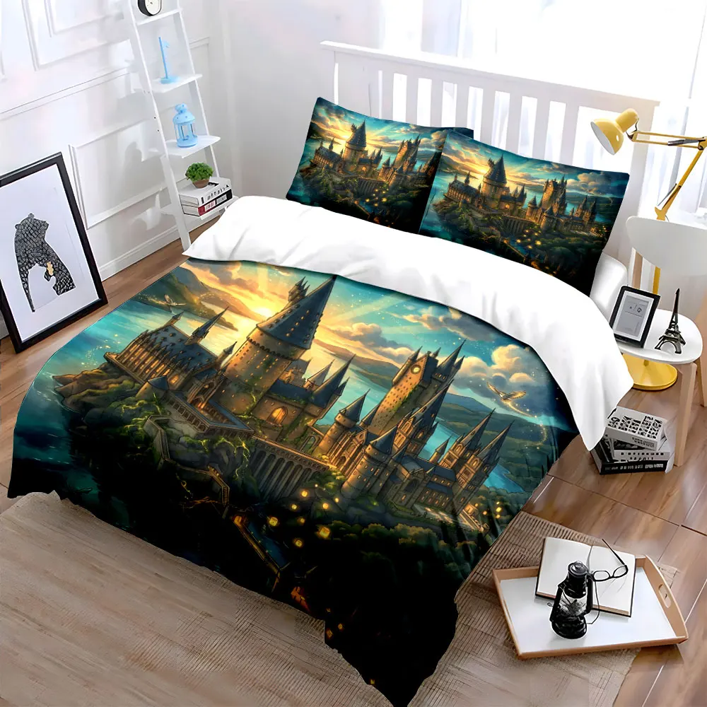 Magical castle with sunset lake view Print Bedding Set 1Duvet Cover 2 Pillowcases for Adult and Children Luxury Gift Full Size