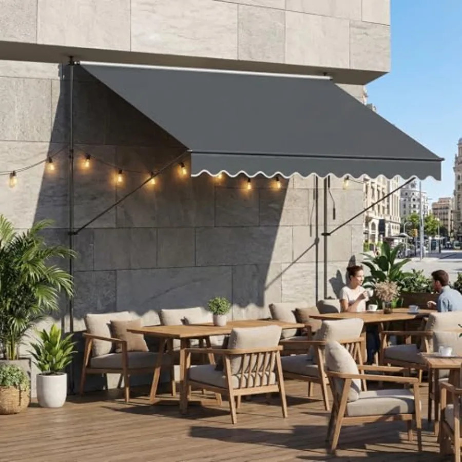 Manual Retractable Awning for Patios, Balconies, Backyards Aluminum Frame, Beige Fabric, Angle Height Adjustable, No-Drill Cran