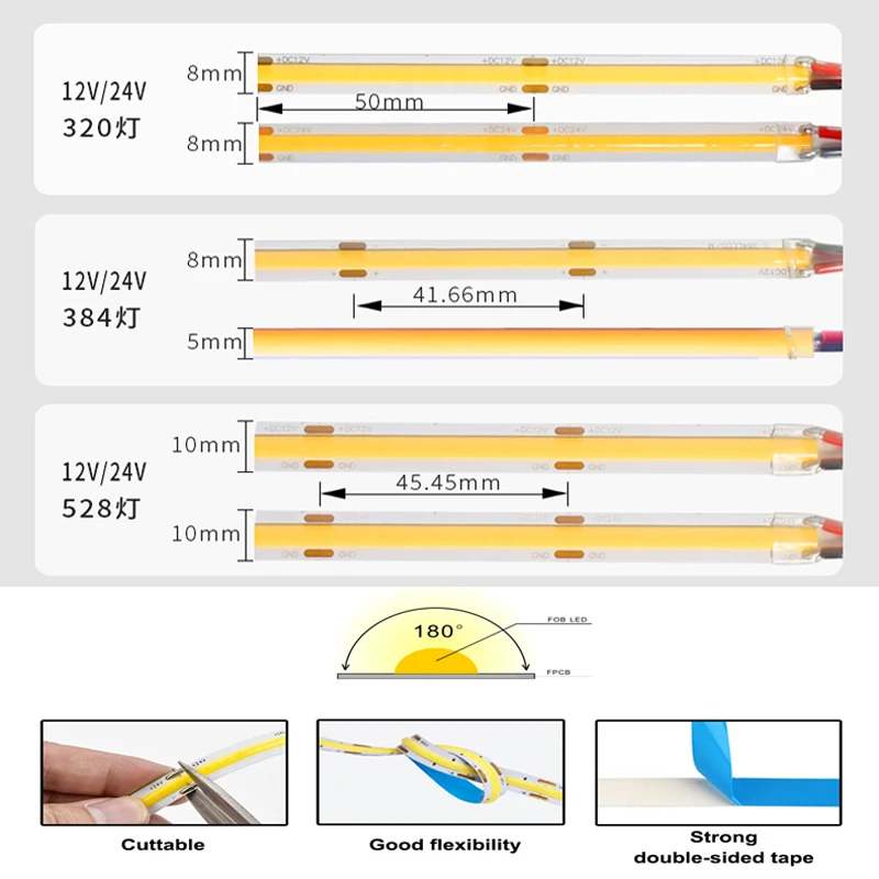 12V 24V COB LED Strip Lights Tape Diode 12 24 V Volt 320/384/528LEDs/m 0.5m 1m 2m 3m 4m 5m High Density Flexible Linear Dimmable