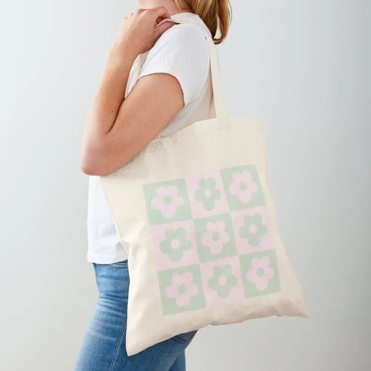 Green & Pink Checkered Flower Aesthetic Pattern: Golf le Fleur Inspired Tote Bag