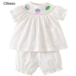 2024 Clibeso Summer Kids Baby Girls Short Sleeve Sets Smocked Dress Cake Made Hand Smocking Children Clothes Shirt Top And Pants