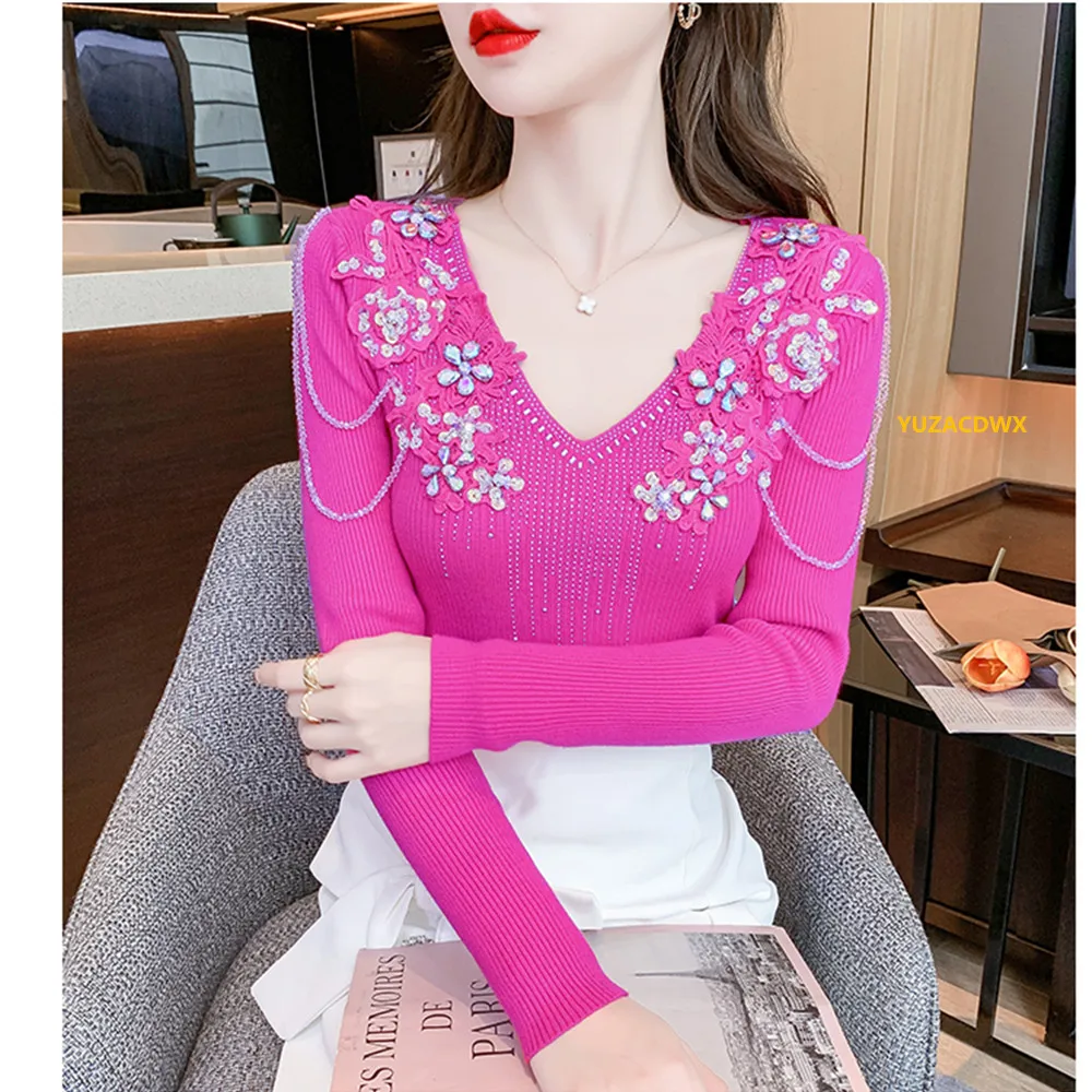 2024 New Beaded Knitted Pullover Jumper Tops Luxury Rhinestone Sweater Women  Basic Knitwear Autumn women's clothes Knitwear