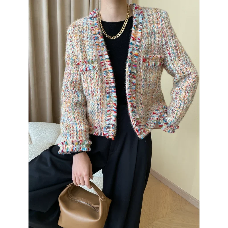 

French V-neck Color Woven Tweed Coat Female Small Fragrance Tassels Casual Loose Basic Fashion Elegant Chic Women Jacket Outwear