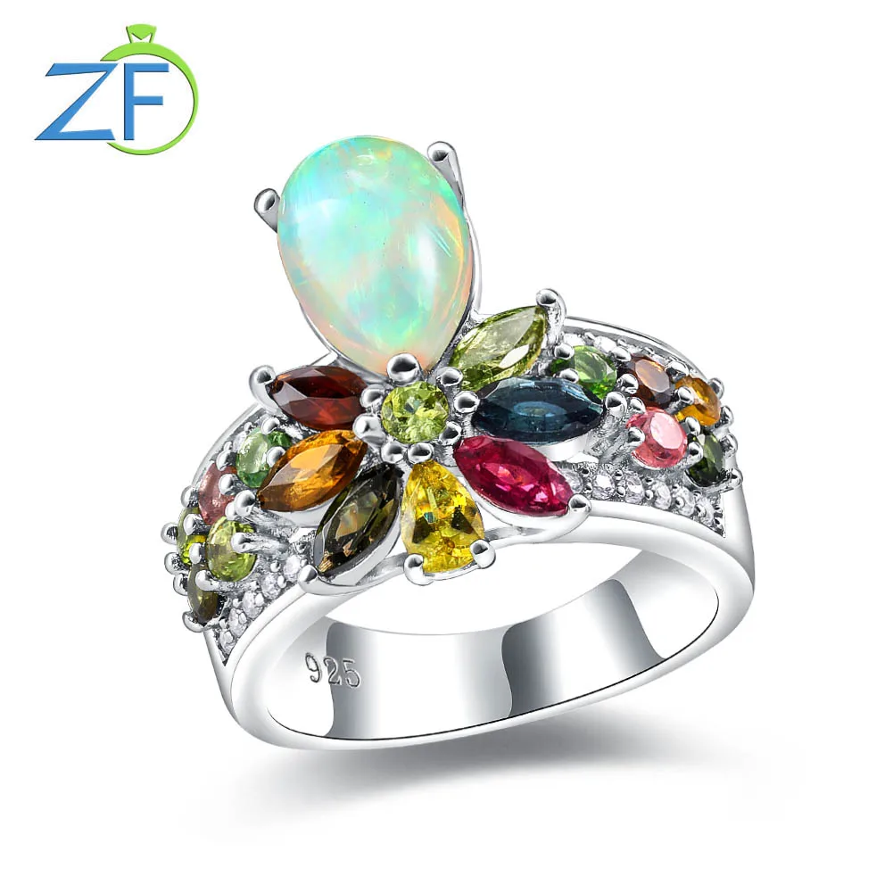 GZ ZONGFA Original 925 Sterling Silve Crown Ring for Women Natural Opal Tourmaline 3Carats Gems Colorful Gift Fine Jewelry