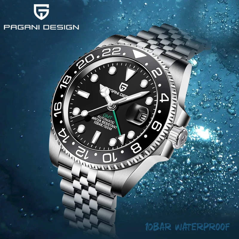 PAGANI DESIGN ساعة ميكانيكية أوتوماتيكية للغوص للرجال 316L من الفولاذ المقاوم للصدأ ساعة عمل فاخرة من زجاج الياقوت المضيء للغاية
