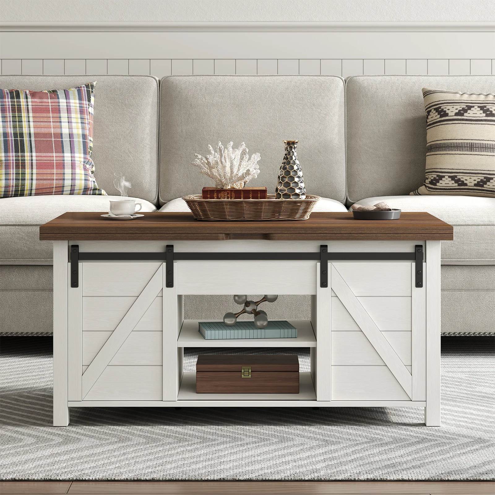 Farmhouse Lift Top Coffee Table with Sliding Barn Door,Rustic Center Table with Hidden Storage Compartment,Storage Coffee Table