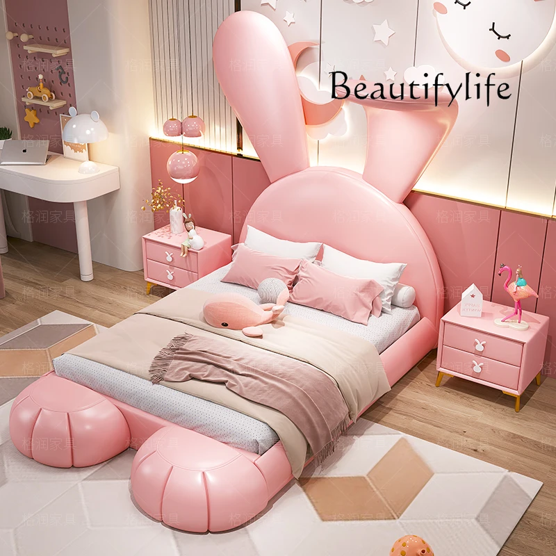 Creative rabbit children's bed, pink girl princess bed light luxury cartoon function solid wood leather bed