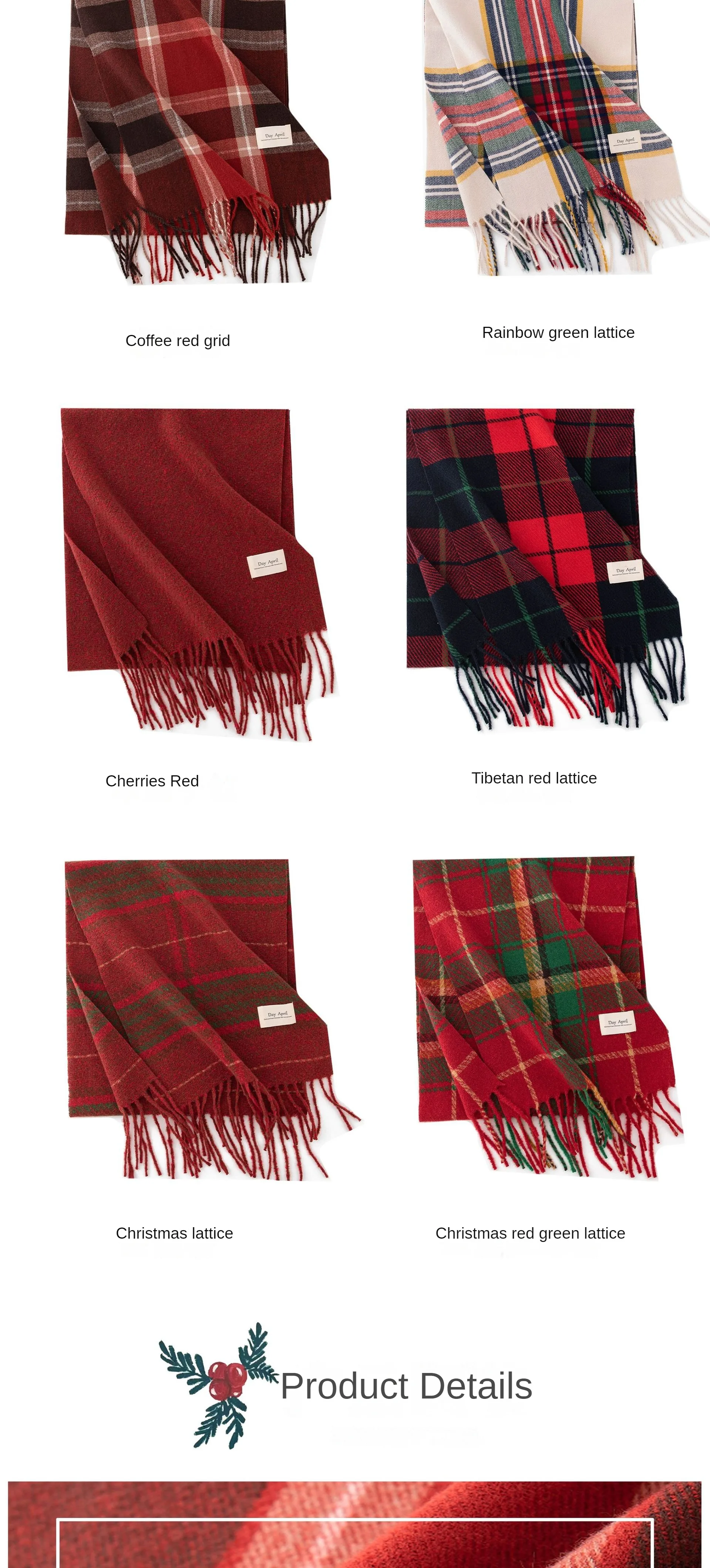 Weihnachtsroter Schal für Frauen, Kaschmirimitat, kariert, bedruckt, Plüschschal, Trend, hochwertiger warmer Schal, Quastenschals – Detail 4