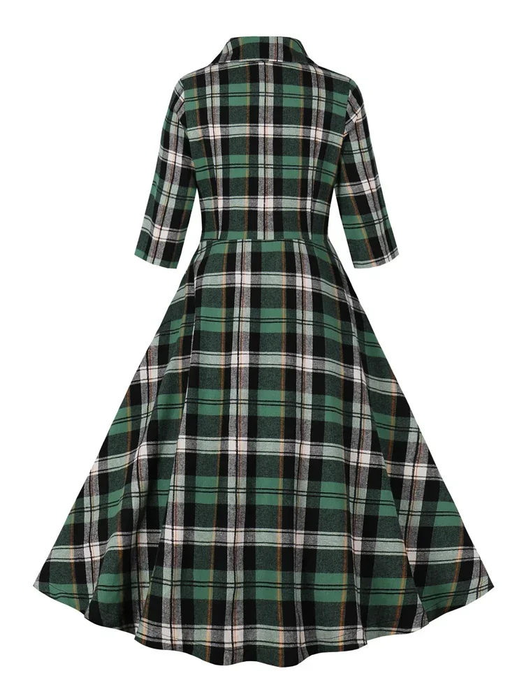 2025 New Hepburn Retro Turn-Down Collar Plaid Rockabilly Christmas Dresses Women Winter 3/4 Length Sleeve Pockets Elegant Dress