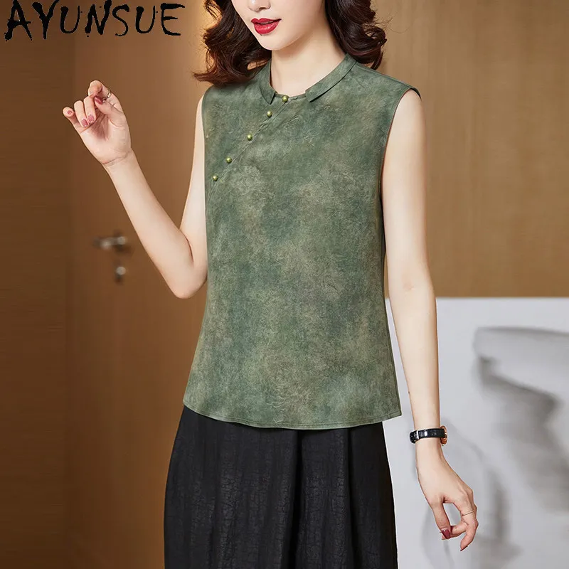 AYUNSUE 100% Real Mulberry Silk Women Shirts Xiangyunsha Chinese Style Women Tops Printed Summer Short Sleeved Clothing 2026 티셔츠