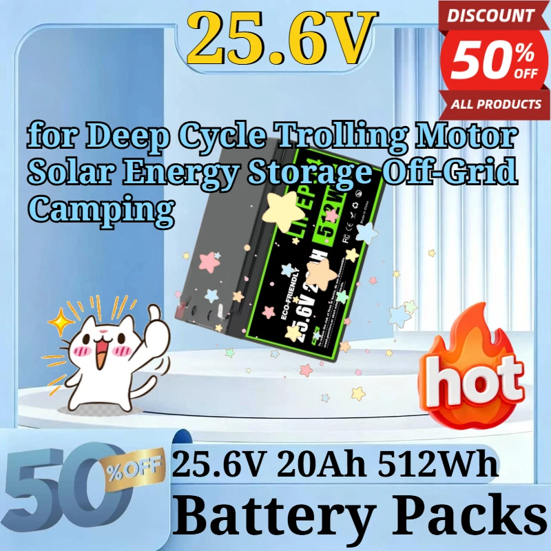 25.6V 20Ah 512Wh Rechargeable LiFePO4 High Capacity Battery for Deep Cycle Trolling Motor Solar Energy Storage Off-Grid Camping