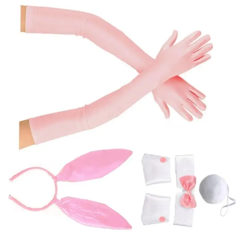 652F Costume da ragazza copricapo sexy con orecchie coniglio in peluche, fascia per capelli, coda, papillon, 5 pezzi