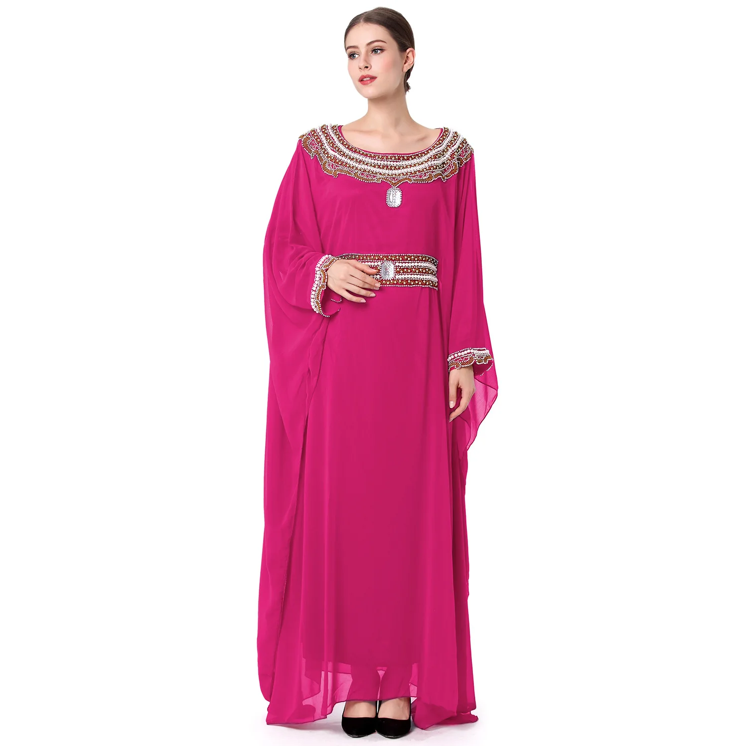 One Size Women Women's Double Layer Chiffon Round Neck Muslim Long Skirt Embroidered Bat Sleeve Design Middle Eastern Robe