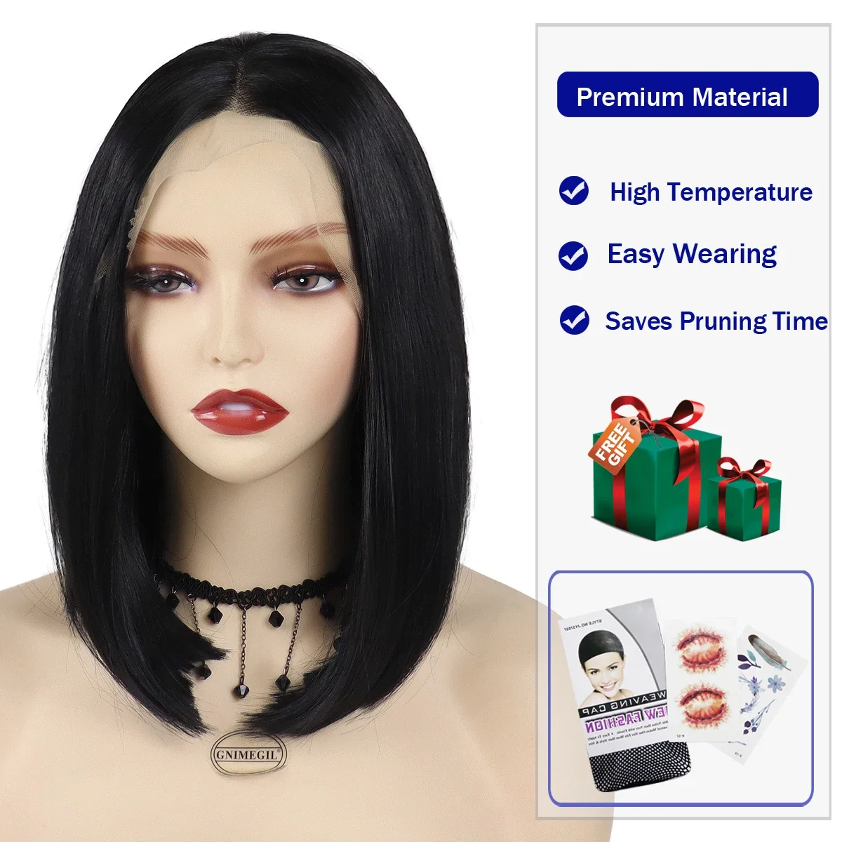 Synthetic Nature Lace Front Wigs for Women Short Hair 14 inch Natural Bob Cut Black Female Wig Frontal Lace Straight Hairstyle