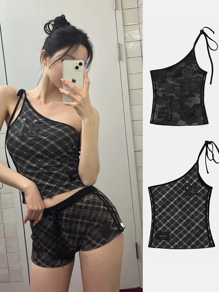 

American Style Sexy Pure Desire Camouflage Vest Retro Spicy Girl Plaid Strap Women's Casual Street Top Short Length Summer 2025