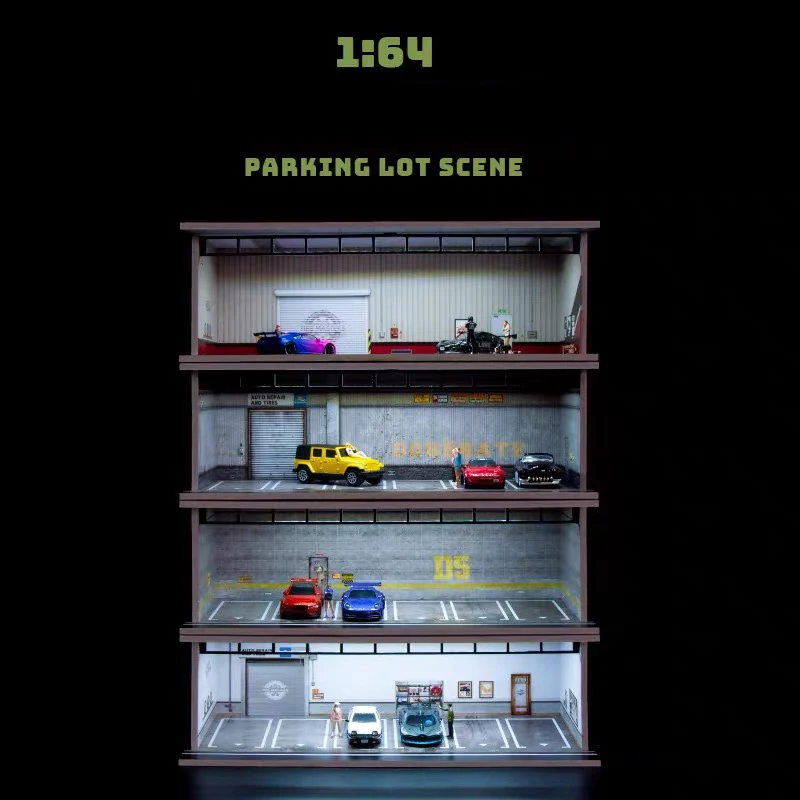 1:64 Display Case Diorama Parking Lot Model LED Lighting Car Garage Scene Building Model Toy Scene Child Gift