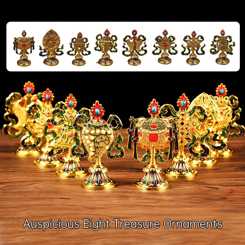 

8Pcs Alloy Handcraft Buddhism Crafts Painted Tibetan Engraved Eight Treasures Auspicious Statue Tantric Buddha Home Office Decor