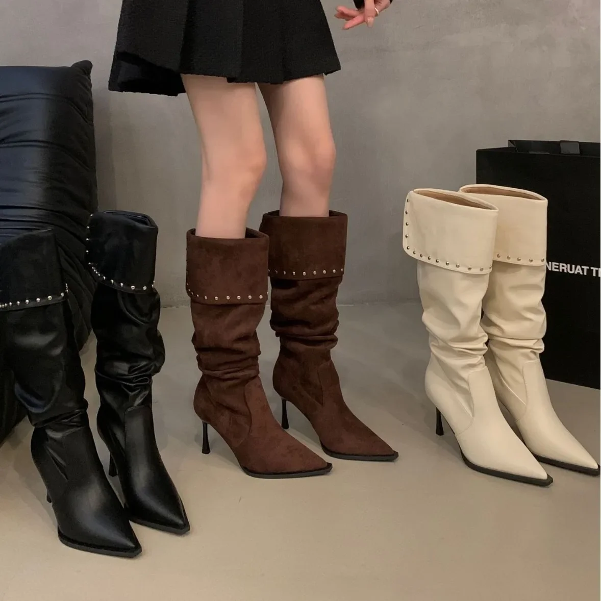 Pointed Knee High Women Boots High-heeled Chelsea Boots Studded Long Boot Pleated Pile Up Women Boot Fashionable Casual