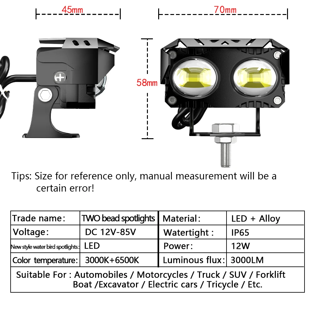 12V-85V LED Work Light Dual Color Yellow White 3000LM IP65 Waterproof Spotlight for Motorcycle Truck SUV Boat ATV