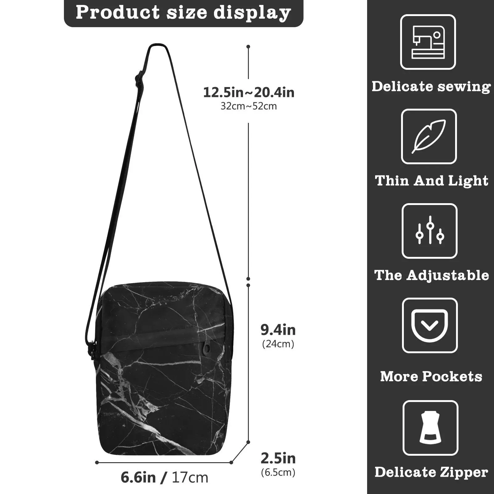 Fashion Men's Shoulder Bag Black Marble Print Handbag Easy Travel Crossbody Bag Quality Small Messenger Bag